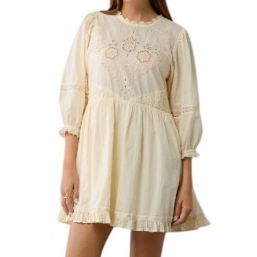 American Eagle Embroider Puff Sleeve Mini Dress Cream S Cottage Peasant Babydoll